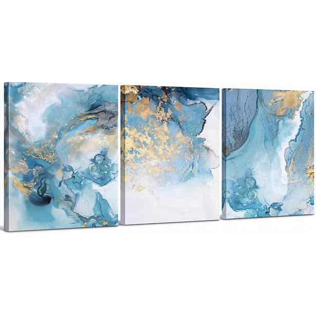 Nástěnná Dekorace Obraz 3 ks Sada 30x40 cm Zlatá Modrá Abstrakce