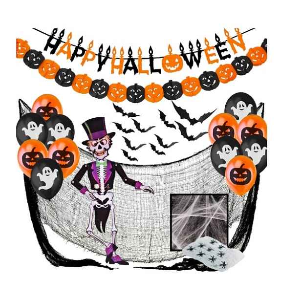 Sada Dekorací Halloween XXL 28 Ks Balóny Girlanda Pavučina Kostra