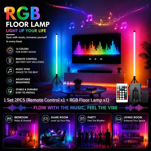TEMU 1 Sada (Dálkové ovládání x 1 a Stojací lampa x 1) 16barevná RGB Stojací lampa, Chytré světlo, LED Ambientní světlo, Stojící Dekorativní lampa,
