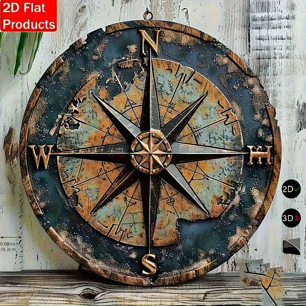 TEMU 2D Plochý, [2D Plochý] 2D Plochý Tisk 1ks Kovová Železná Cedule, 20,32 cm x 20,32 cm Kulatá Dřevěná Námořní Kompasová Nástěnná Dekorace v