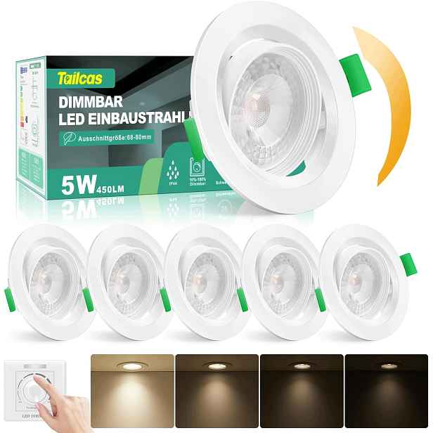 Led zabudovatelné očko 5W stmívatelné 4000K IP44 ploché 230V Sada 6 Ks