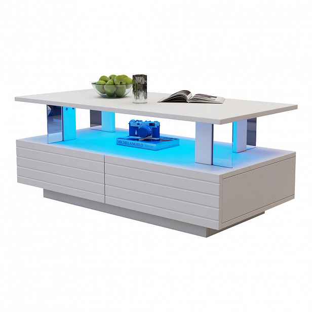 STILVORA KONFERENČNÍ stůl Bílý se zásuvkami a LED osvětlením do obývacího pokoje, 100×50×42,5 cm