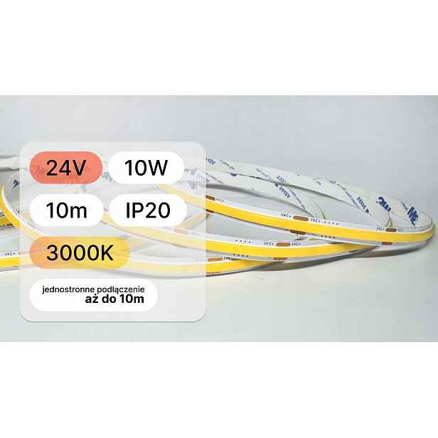 Led pásek Cob 24V 10 metrů 10W/m 480LED/m teplý 3000K Cri >90