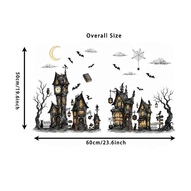 TEMU Halloweenská vesnice duchů, statická dekorace na okno, opakovaně použitelná gotická dekorace na skleněné okno s gotického hradu a temné noci,