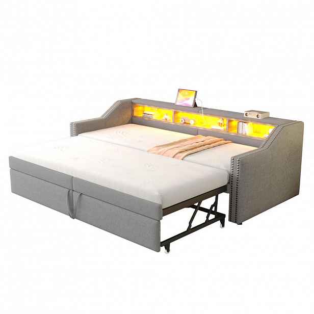 FLIEKS ČALOUNĚNÁ POSTEL, 90/180×200 cm, LED, USB, světle šedá