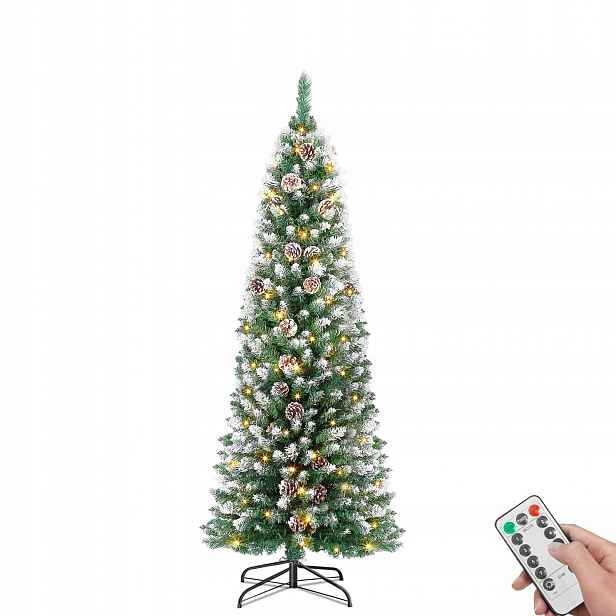 Umělý Vánoční Stromeček Sněhový Vánoční Stromek Slim 150 CM S Led A Šiškami Dálkové Ovládání