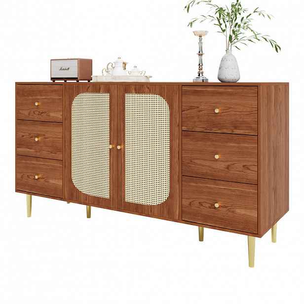 OKWISH BOČNÍ skříň 160/40/90 cm v dekoru dřeva z MDF s ratanovými dvířky a zásuvkami
