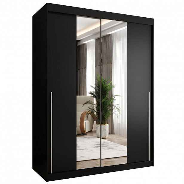 Home Collective SKŘÍŇ S POSUVNÝMI DVEŘMI se zrcadlem, šířka 150 cm, černá se stříbrným úchytem
