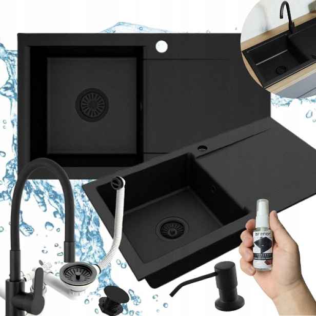 Set Granitový Dřez Černý Mat Baterie Sifon Dávkovač Impregnace