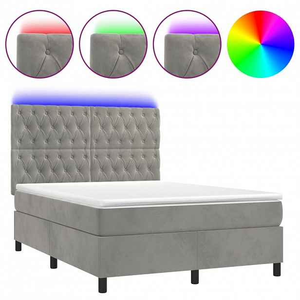 vidaXL Box spring postel s matrací a LED světle šedá 140x190 cm samet