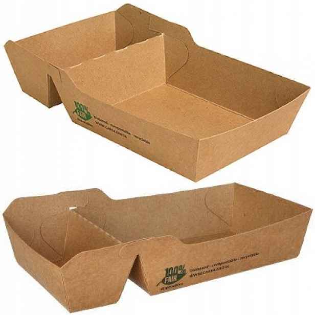 Papírové tácky na jedno použití na hranolky s prostorem pro omáčku hnědé 15x8x4 cm 80x
