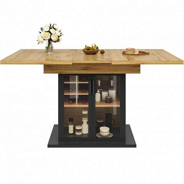 OKWISH JÍDELNÍ stůl 110-140/80/76 cm černý z MDF s výsuvnou deskou a stojanem na víno