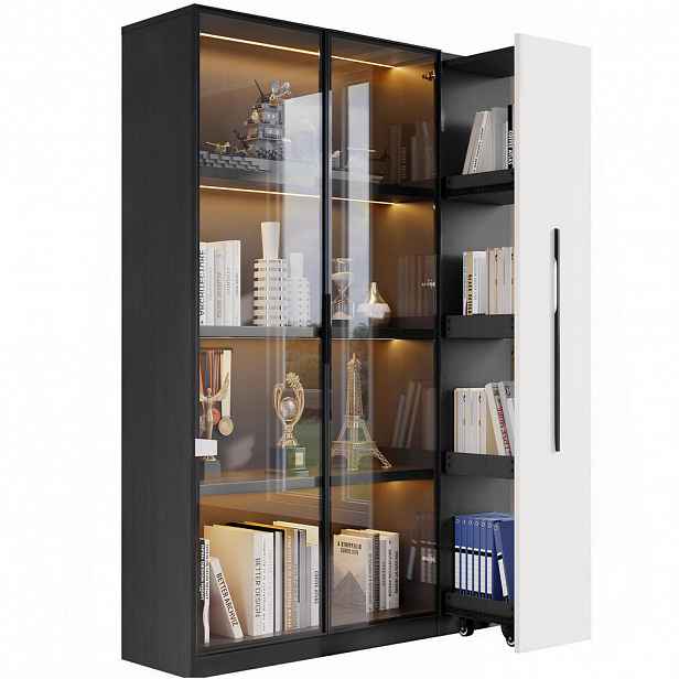 OKWISH VÍCEÚČELOVÁ skříň 110,5/35/160 cm černá bílá z MDF a skla s LED a výsuvem