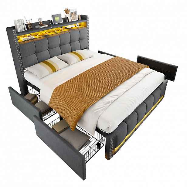 WISHDOR ČALOUNĚNÁ POSTEL 140 × 200 cm v šedém lnu s LED osvětlením, USB a úložným prostorem