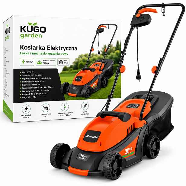 Elektrická sekačka Lehká Silná pro sekání Trávy Velký koš 35L 1000W 30cm