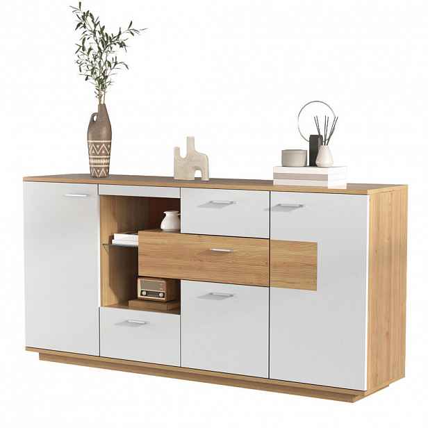 OKWISH BOČNÍ skříň 160/40/77 cm bílá a dřevodekor z MDF s LED osvětlením a 4 zásuvkami