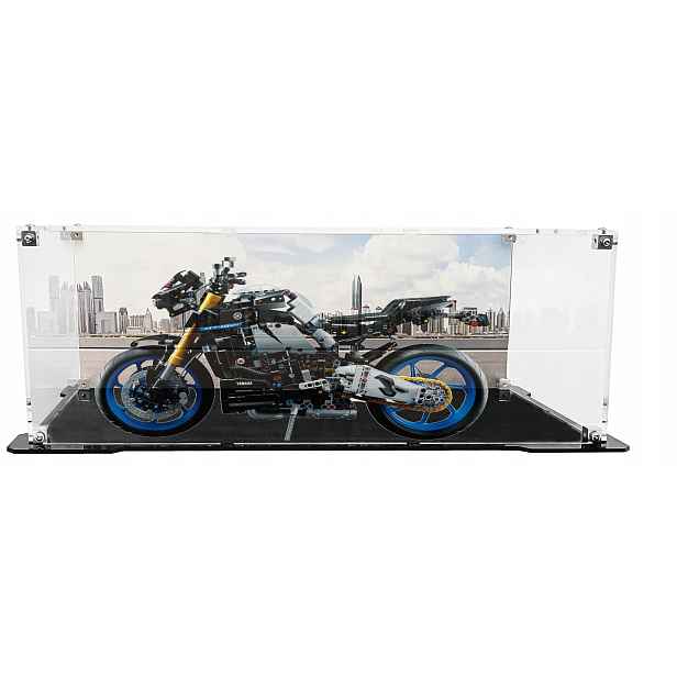 Vitrína s černou základnou a pozadím pro sadu Lego 42159 Yamaha MT-10