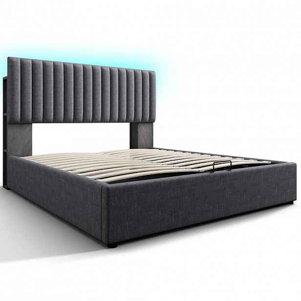 WISHDOR ČALOUNĚNÁ POSTEL 140 × 200 cm v šedém lnu s úložným prostorem, LED osvětlením a USB
