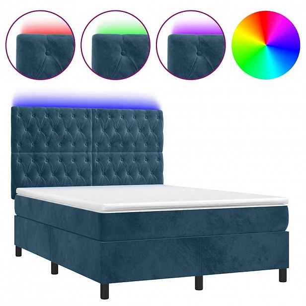 vidaXL Box spring postel s matrací a LED tmavě modrá 140x190 cm samet