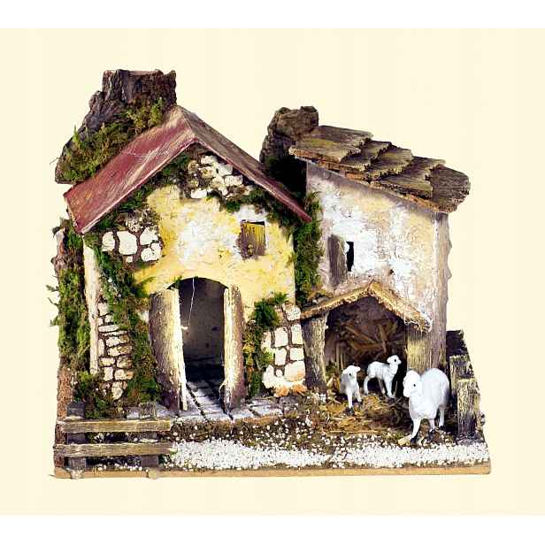 Domeček s oborou a ovcemi, pro dekoraci Betlémů, 20 x 14 x 16 cm