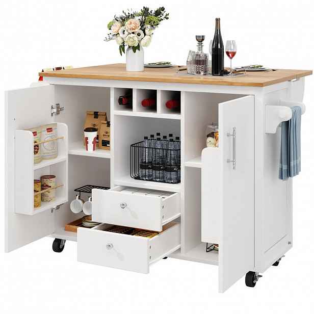 OKWISH KUCHYŇSKÝ ostrůvek 137,9/73/92,2 cm bílý z MDF a kovu s klopným stolem a úložným prostorem