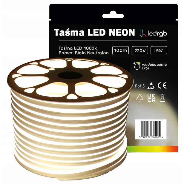 Led pásek Neon 2835 220V 230V 100m 4000K Bílý Neutrální Vodotěsný IP67