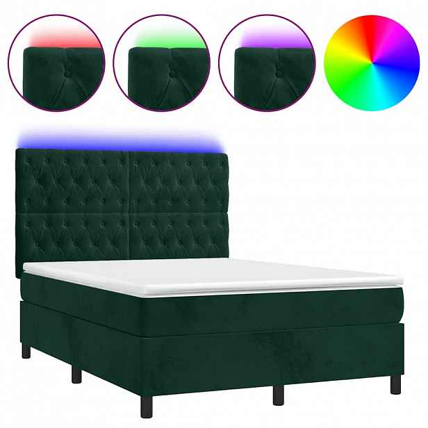 vidaXL Box spring postel s matrací a LED tmavě zelená 140x200 cm samet