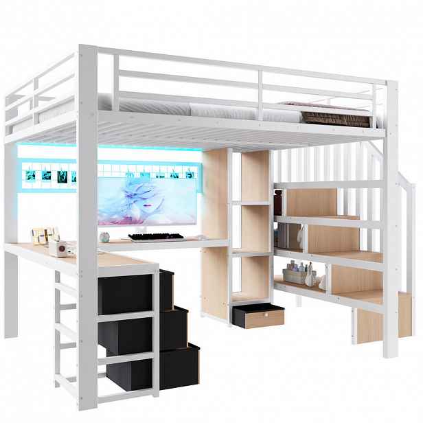 STILVORA HOCHBETT 140/200 cm in Weiß mit 4 Schubladen, Schreibtisch und LED