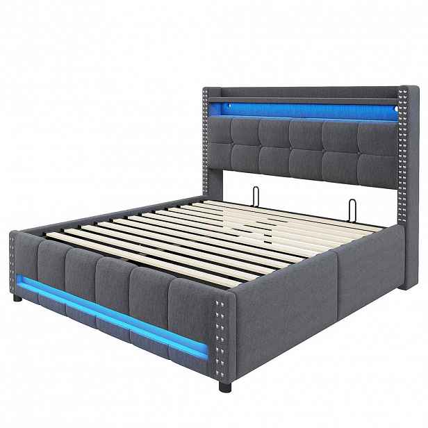 WISHDOR ČALOUNĚNÁ POSTEL 140 × 200 cm v šedém lnu s úložným prostorem, LED osvětlením, USB a policí