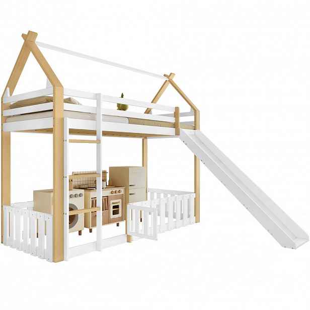 STILVORA ETAGENBETT 90/200 cm in Weiß & Natur Kinderbett mit Rutsche, Leiter und Zaun im Dachdesign