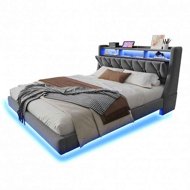 WISHDOR ČALOUNĚNÁ POSTEL 180 × 200 cm v šedém sametu s LED osvětlením, USB, USB-C a odkládací policí