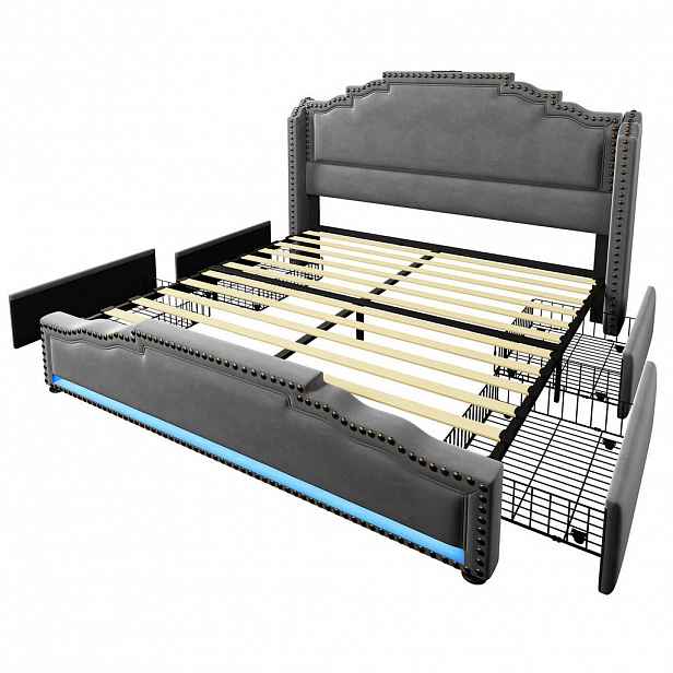 Redom ČALOUNĚNÁ postel 140/200 cm s LED osvětlením, USB a Type-C porty, 4 zásuvkami a úložným prostorem, Šedá