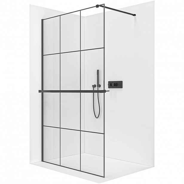 Sprchová zástěna Walk-in Onyx Cube L/P - 8 mm + polička/držák na ručníky - hranatá vzpěra  -  černá matná, industriální sklo - 90x200 cm