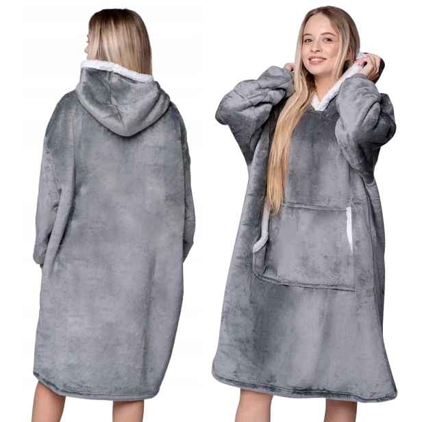 Koc oversize mikina Teplá Tlustá XXL Deka S Rukávy A Kapucí 2v1 Šedá Kožešina Dárek
