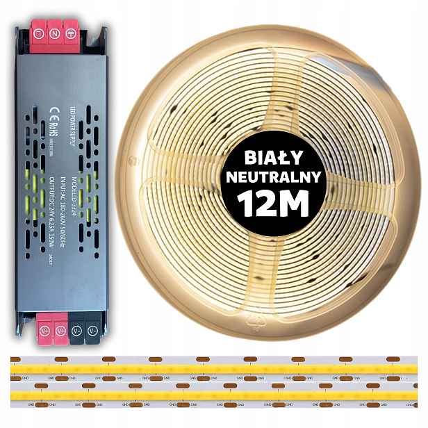 Set 12M Led pásek Cob 480 diod 4000K neutrální bílá 48V 8W napájecí zdroj