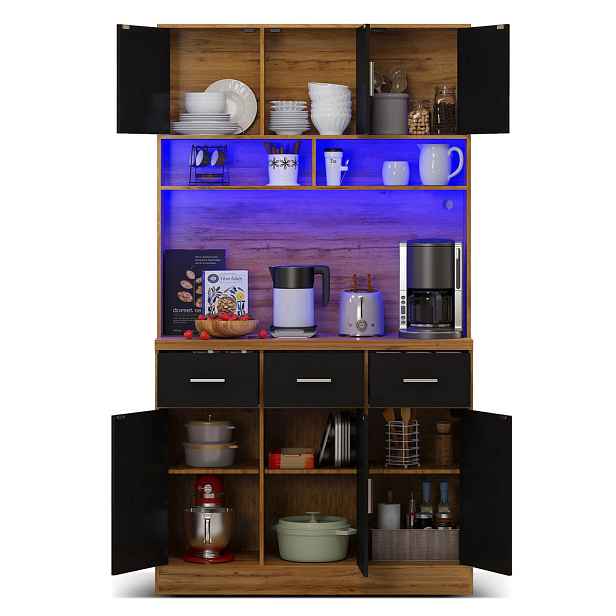 Modenvie BUFFET skříň 100/40/180 cm z MDF a dřevotřísky v přírodní a černé barvě s LED