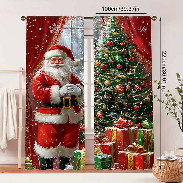 TEMU 2D Ploché, 2D Ploché 2ks Vánoční Scéna Santa Claus Jednoduché Tiskové Závěsy, Instalace na Tyč – Ideální pro Ložnici, Moderní Jídelnu, Nádherný
