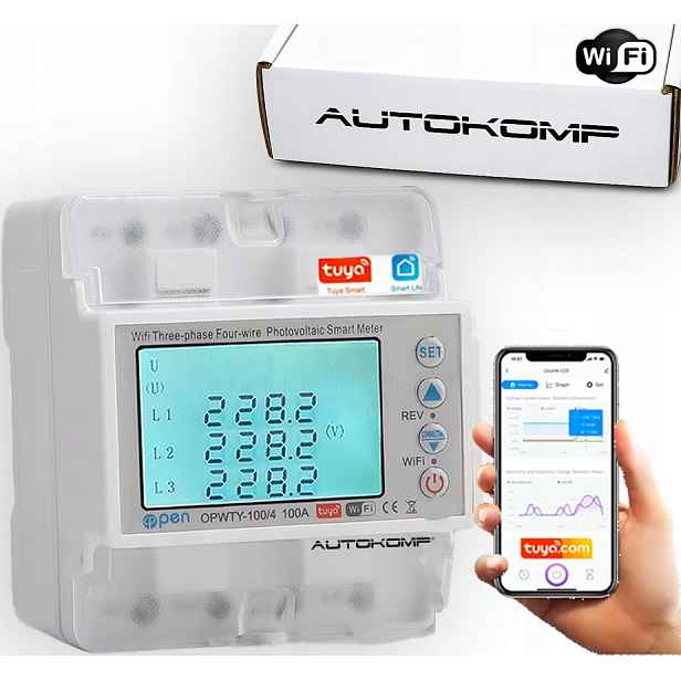 Měřič energie proudu 3 fáze 400V 100A Tuya WiFi Din 2-směrný Pv