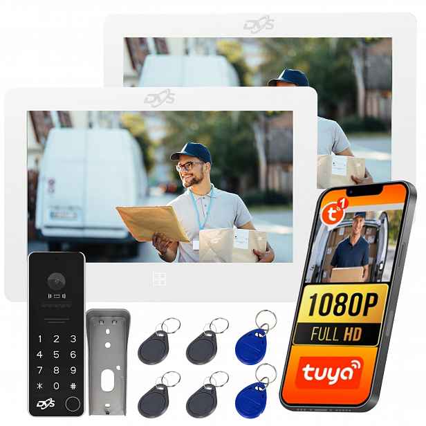 Videodomofon Interkom WiFi 2 Dotykové Monitory Bílé Rfid Klíčenky Tuya Dvs