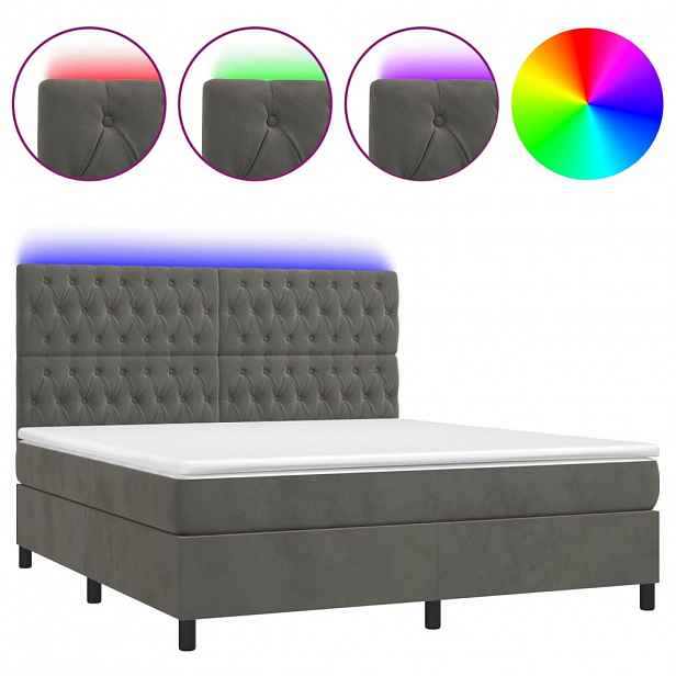 vidaXL Box spring postel s matrací a LED tmavě šedá 180x200 cm samet