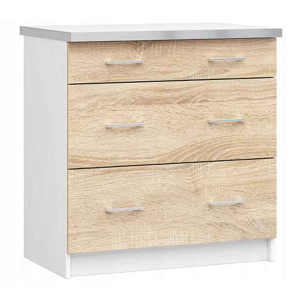 Kuchyňská skříňka Lima S 80 cm bílá-sonoma 3 zásuvky Akd