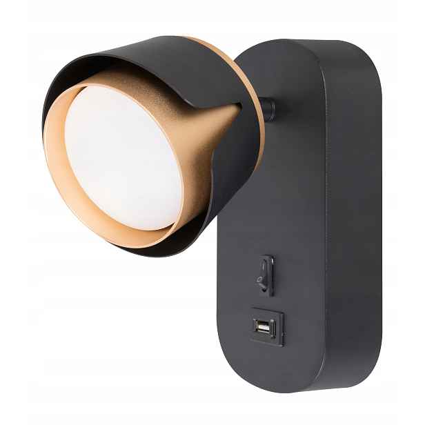 Nástěnná lampa Zuo s vypínačem Usb, nabíječka, černá, zlatá