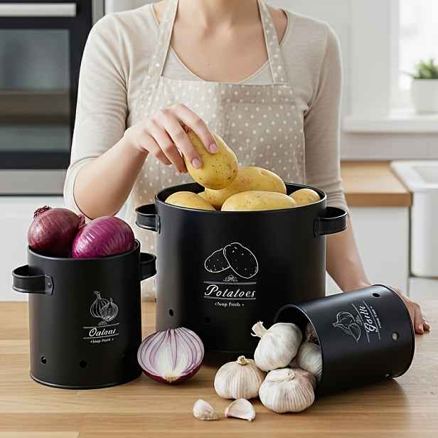 TEMU Kruhová krabice na skladování brambor, sada 3 nádob z pletiva, černá bílá potravinová souprava, dózy pro uchování brambor a cibule, boxy se