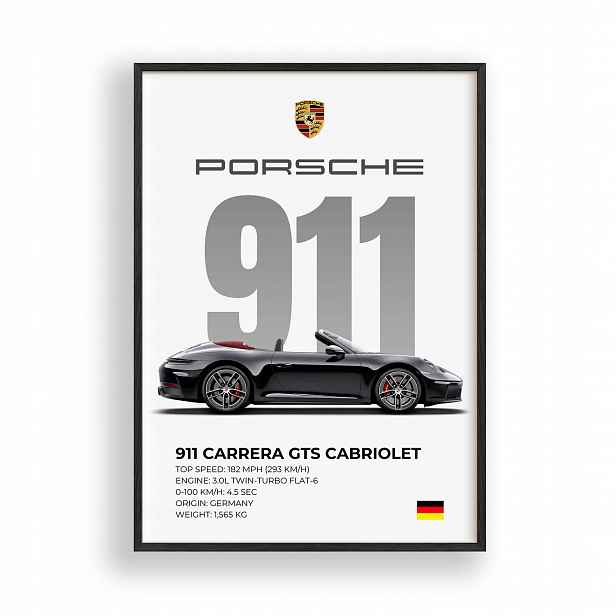 Obraz Auto Porsche 911 Cabriolet Plakát Rámeček Dřevěný Černý 30x42 cm