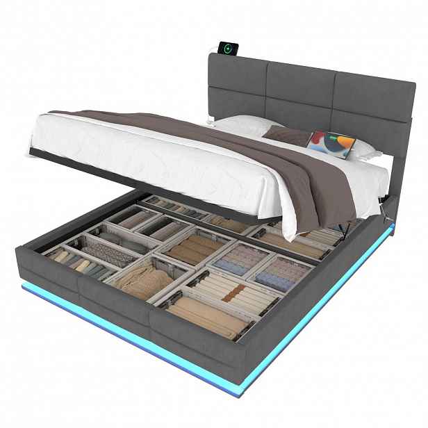 WISHDOR ČALOUNĚNÁ POSTEL 180 × 200 cm v tmavě šedém sametu s úložným prostorem, LED osvětlením a USB/USB-C