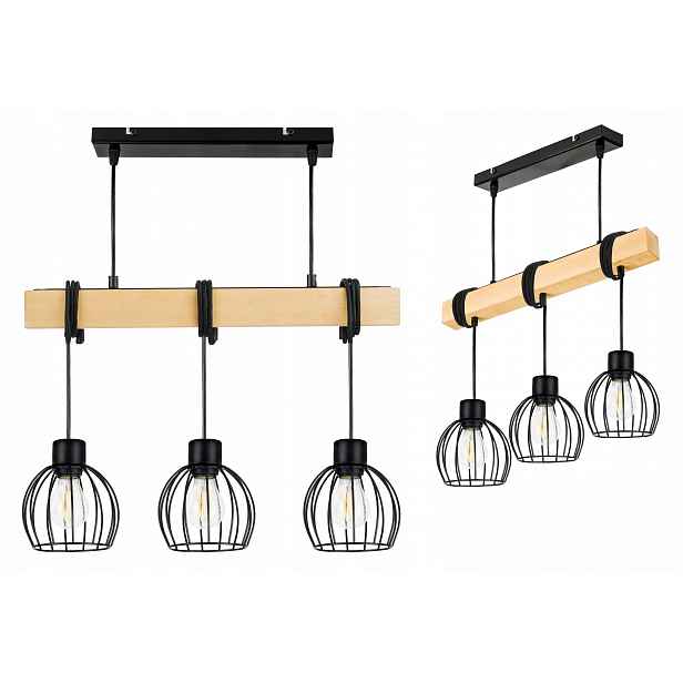 Dřevěná závěsná stropní lampa Lustr Zwis Loft Černý Drát 3xE27