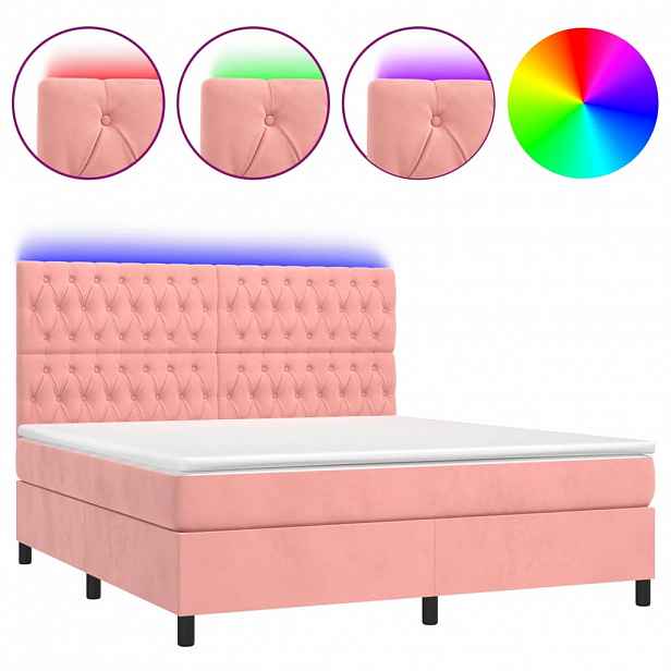 vidaXL Box spring postel s matrací a LED růžová 180x200 cm samet
