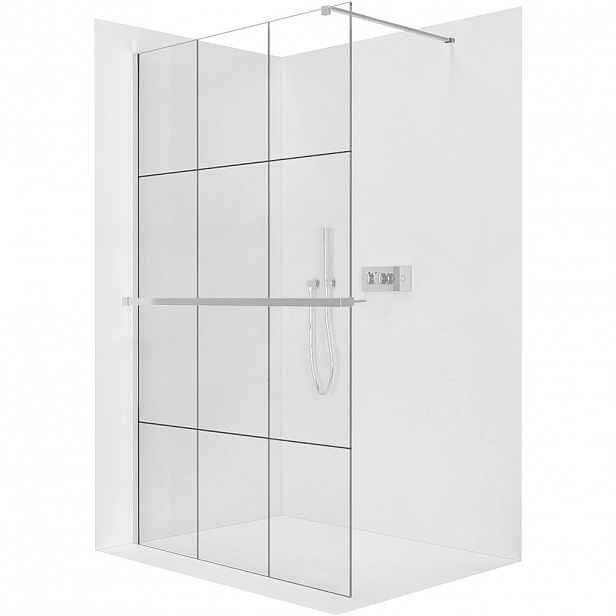 Sprchová zástěna Walk-in Onyx Cube L/P - 8 mm + polička/držák na ručníky - hranatá vzpěra  - chrom, industriální sklo - 150x200 cm