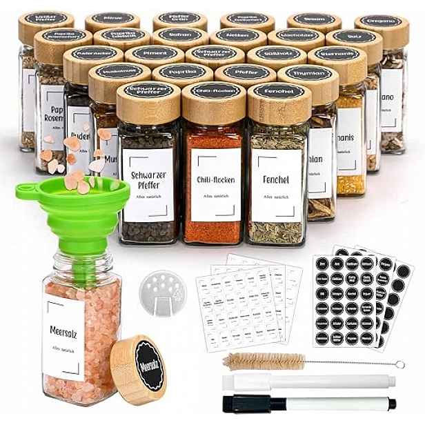24 x Skleničky na koření 120 ml Bambusové víko Etikety v němčině