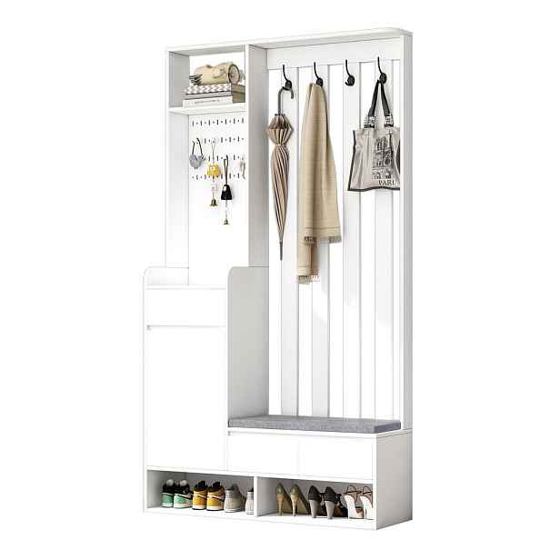 Modenvie PŘEDSÍŇOVÁ stěna z MDF, 100/35/180 cm, bílá, s lavicí, úložným prostorem a věšáky